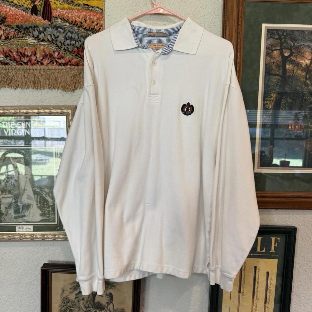 Vtg Guess‎ Classic Sportswear Denim Collar Men's LS Size Large Polo Shirt Crest